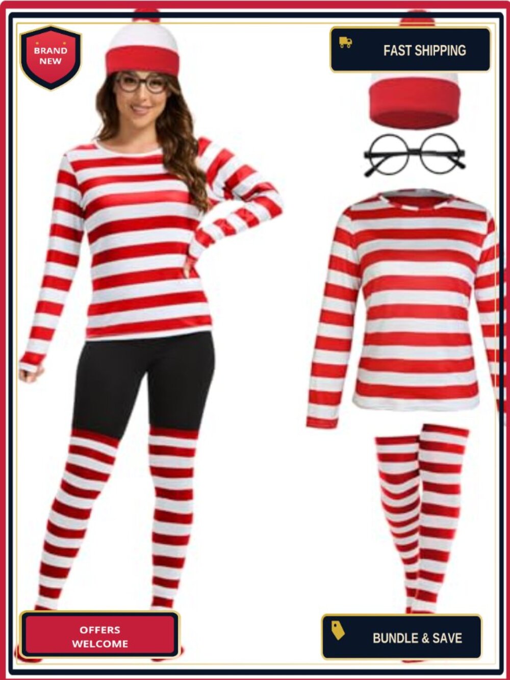 Women's Striped Halloween Costume Set Shirt Hat Glasses Socks
